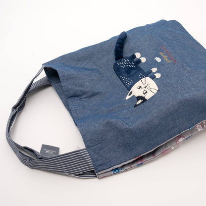 Kusuguru Japan Cats Embroidered Large Tote Bag - Blue