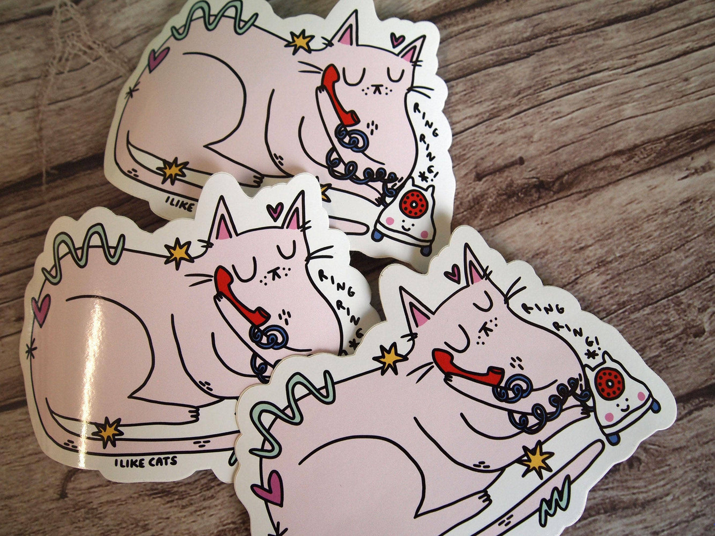Illustrated Cat With Phone Vinyl Decal Sticker