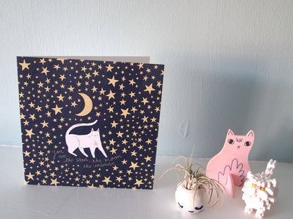 I LIKE CATS - Romantic Cat, Moon and Stars Greetings Card