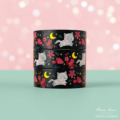 Floral Fluffy White Cat Gold Foil Washi Tape