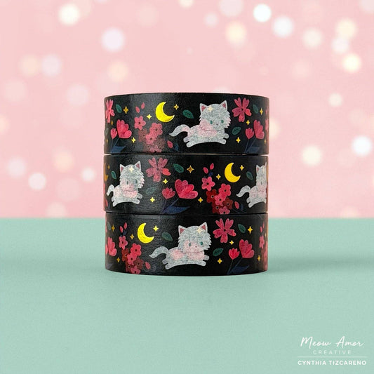 Floral Fluffy White Cat Gold Foil Washi Tape