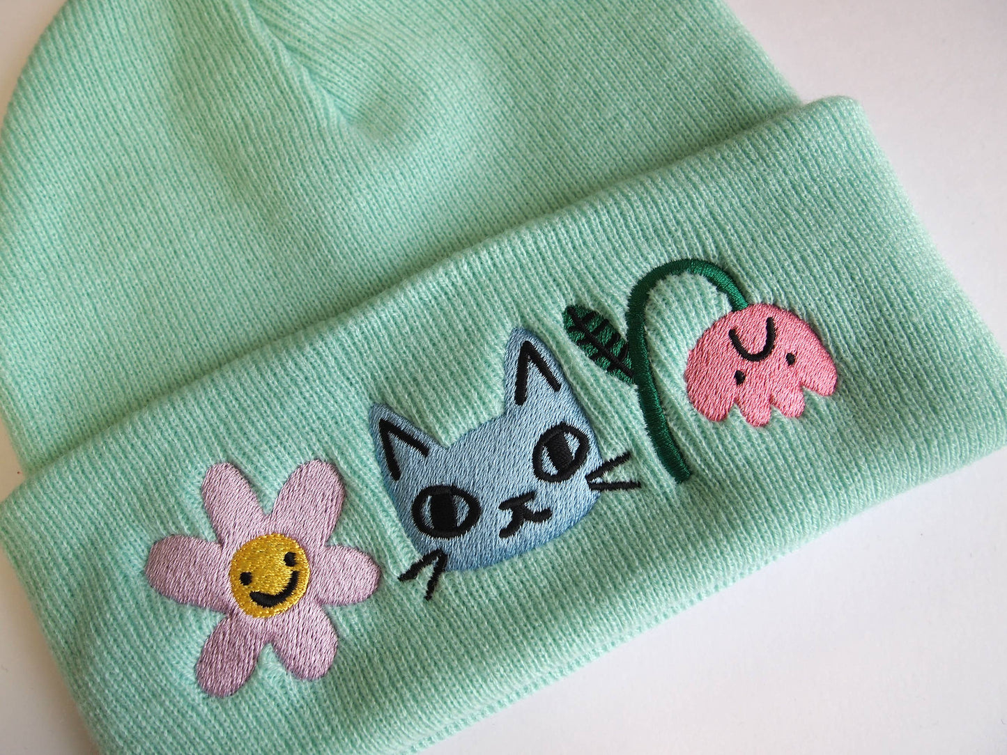 Cat and Flowers Embroidered Knitted mint Beanie Hat