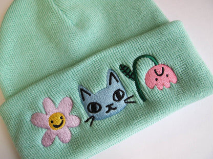 Cat and Flowers Embroidered Knitted mint Beanie Hat