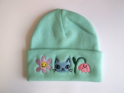 Cat and Flowers Embroidered Knitted mint Beanie Hat
