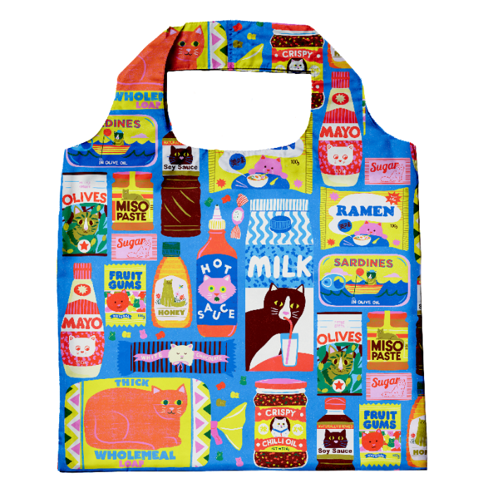 Colorful tote bag with food product illustrations on a white background