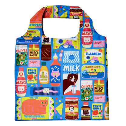 Colorful tote bag with food product illustrations on a white background