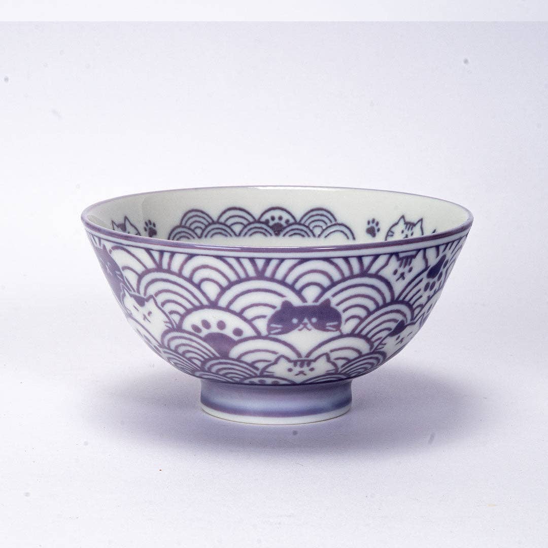 Seikaiha Neko Design 10oz 4.5"Dia x 2.5"H Porcelain Rice Bowl Purple