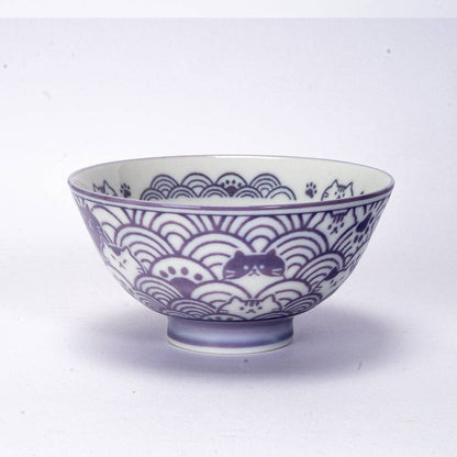 Seikaiha Neko Design 10oz 4.5"Dia x 2.5"H Porcelain Rice Bowl Purple