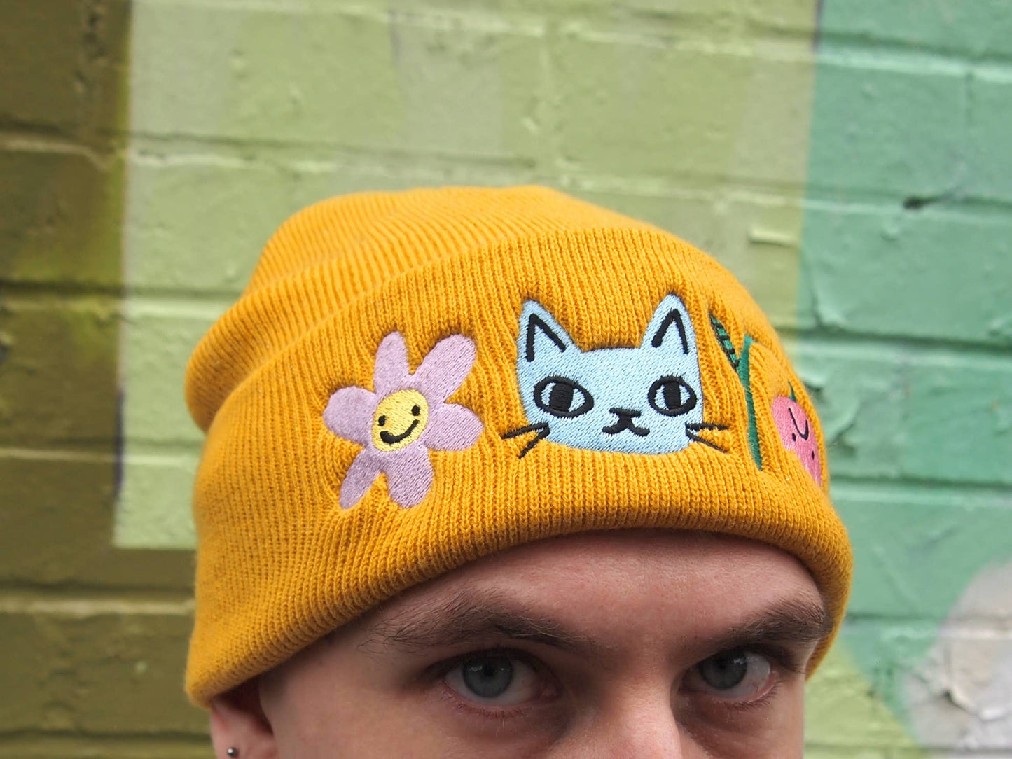 Cat and Flowers Embroidered mustard Knitted Beanie Hat