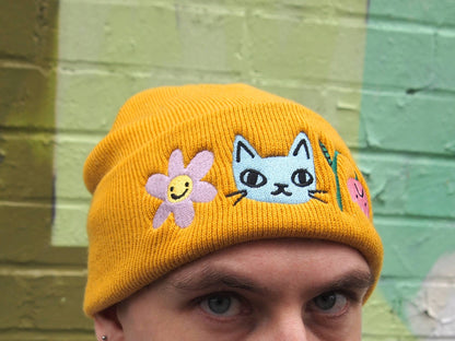 Cat and Flowers Embroidered mustard Knitted Beanie Hat