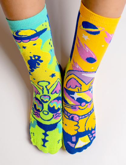 Outer Space Cats Mismatched Socks for Adults