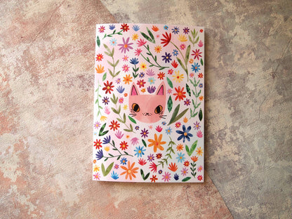 I LIKE CATS - Cat Face and Flowers Birthday Greetings Card