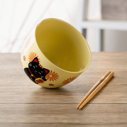 18oz 5"D Donburi Bowl With Chopsticks Set Lucky Cat