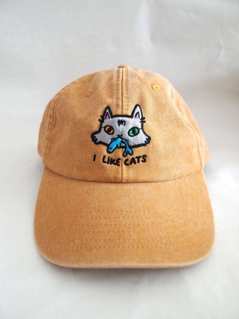 I Like Cats embroidered washed yellow vintage style baseball cap