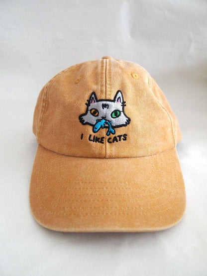 I Like Cats embroidered washed yellow vintage style baseball cap