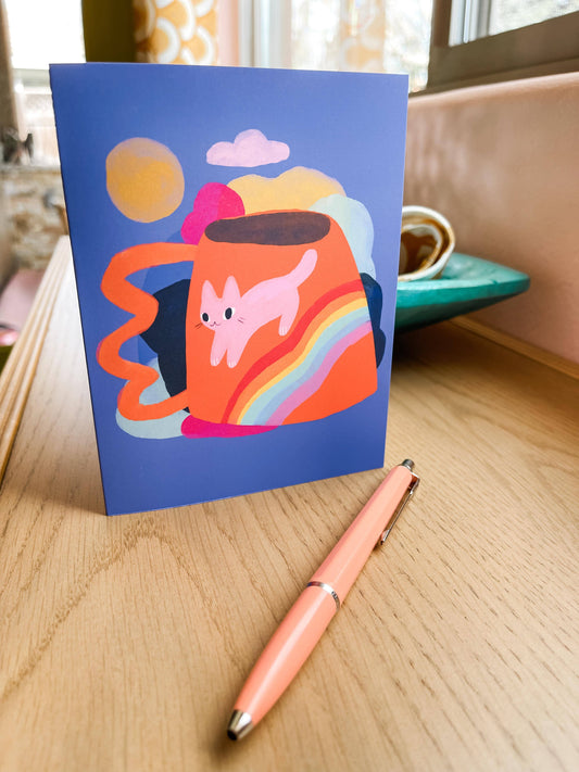 Rainbow cat mug blank greeting card