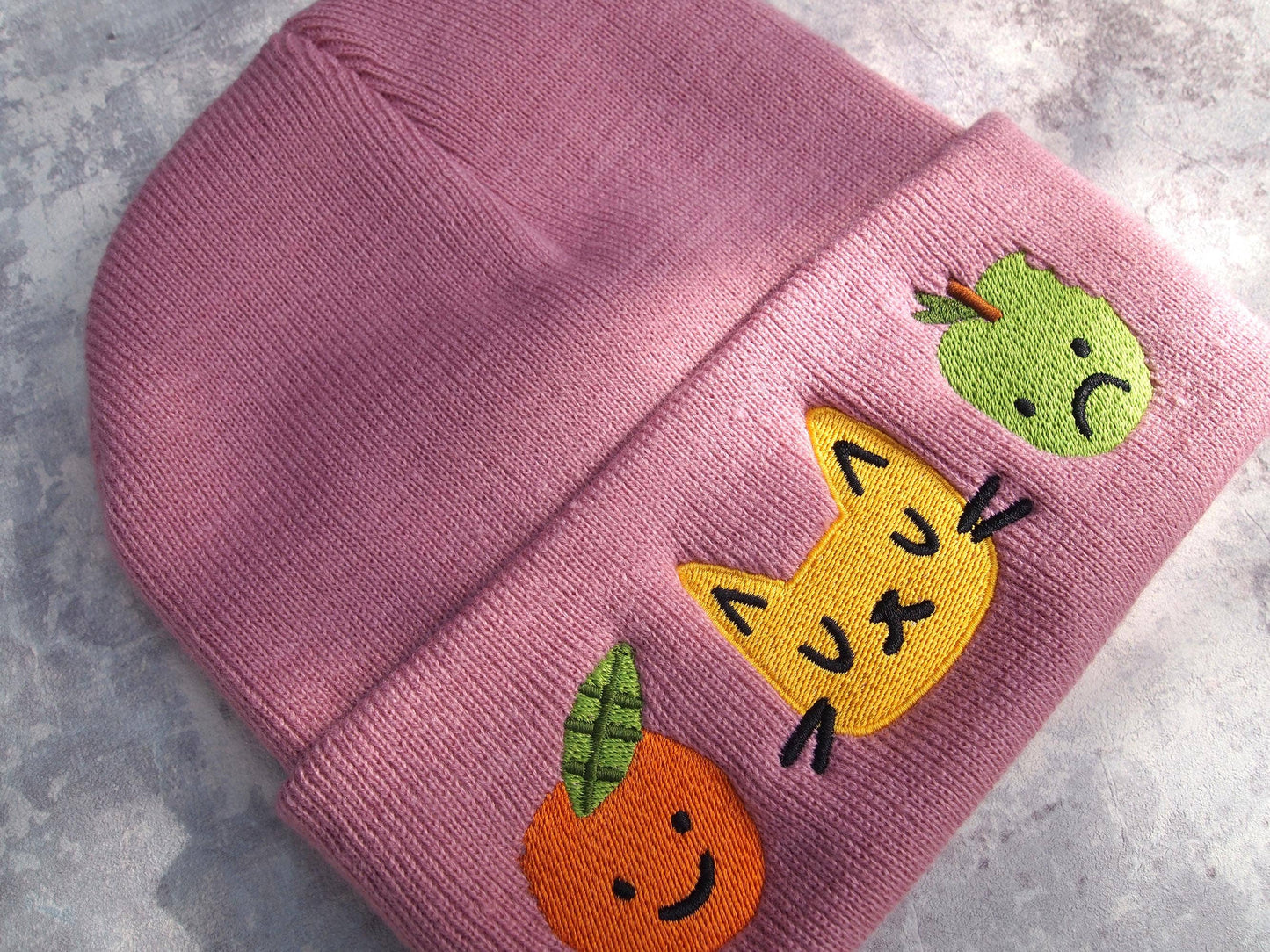 Dusky Pink Cat & Fruit Embroidered Knitted Beanie Hat