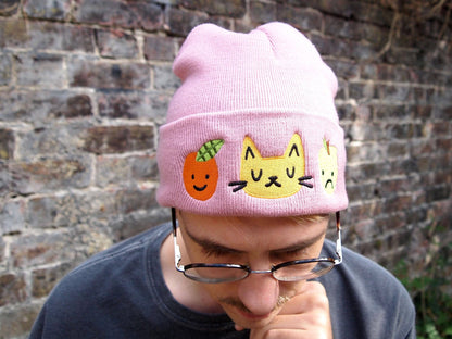 Dusky Pink Cat & Fruit Embroidered Knitted Beanie Hat