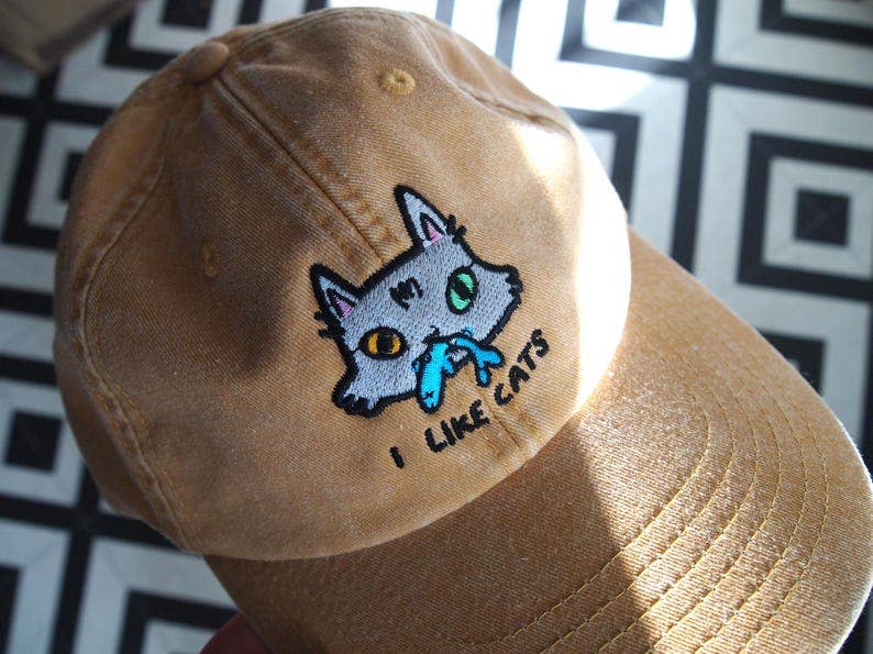 I Like Cats embroidered washed yellow vintage style baseball cap