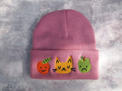 Dusky Pink Cat & Fruit Embroidered Knitted Beanie Hat