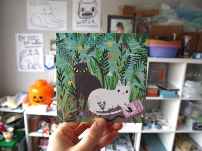 I LIKE CATS - Bug spotting cats illustrated Cat Greetings Card