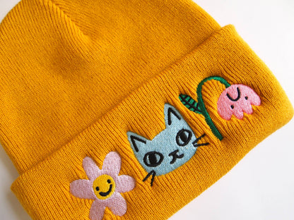 Cat and Flowers Embroidered mustard Knitted Beanie Hat