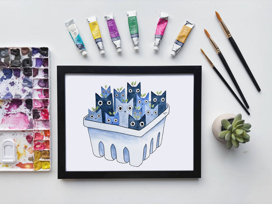 Blueberry Cats Watercolor Art Print