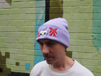 Cat with bows embroidered lavender Knitted Beanie Hat