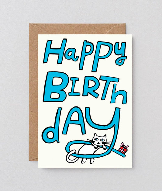 ‘Happy Birthday Cat & Present' Embossed Greetings Card