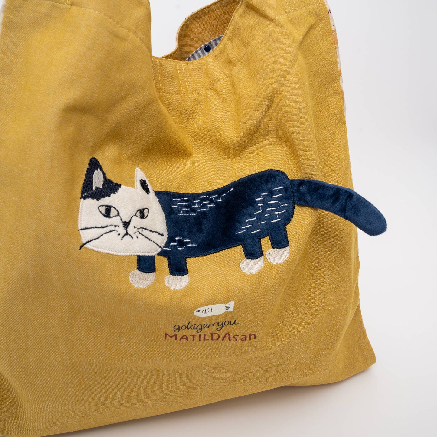Kusuguru Japan Cats Embroidered Large Tote Bag -Yellow