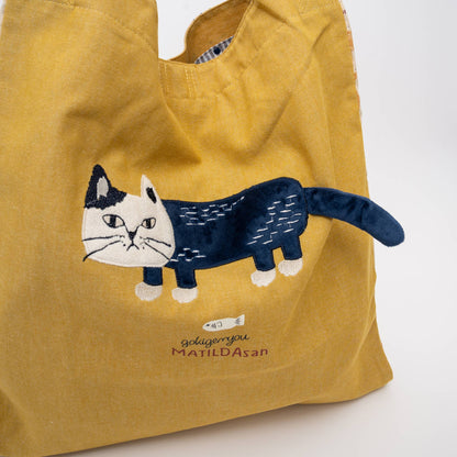 Kusuguru Japan Cats Embroidered Large Tote Bag -Yellow