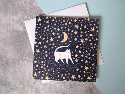 I LIKE CATS - Romantic Cat, Moon and Stars Greetings Card