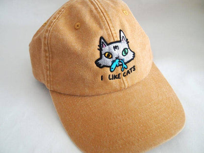 I Like Cats embroidered washed yellow vintage style baseball cap