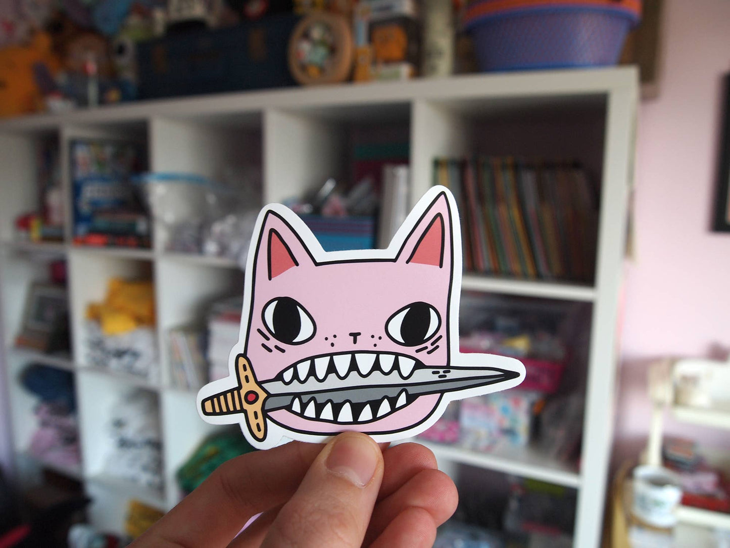 Pink cat illustrated vinyl sticker