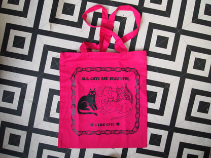 I LIKE CATS - All Cats Are Beautiful Screen Printed fuchsia Tote Bag