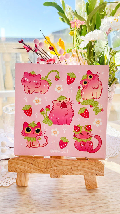 MikouArt - Whimsical Strawberry Cat Collage Vinyl Sticker Sheet | 5.5x5.5 inch | Mikou Original Art