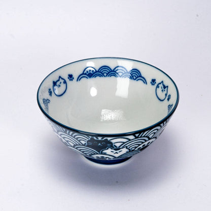 Seikaiha Neko Design 10oz 4.5"Dia x 2.5"H Porcelain Rice Bowl Navy JP (5/90)