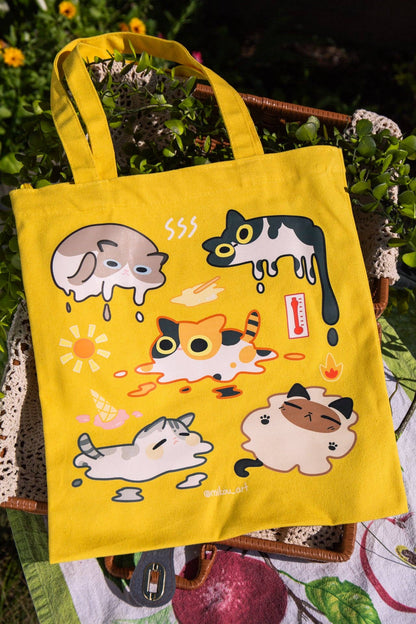 MikouArt - Melting Cats Cotton Tote Bag | Inner Pocket + Zipper | 100% Cotton | Gift for Cat Lovers | Handmade, Durable and Functional