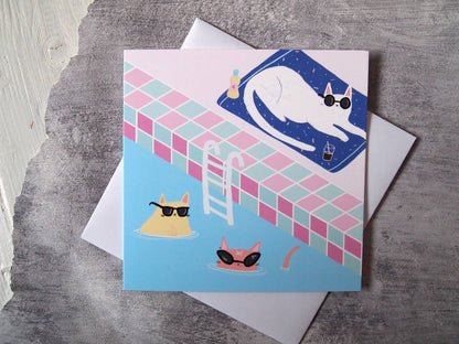I LIKE CATS - Illustrated card, cats at the swimming pool greetings card
