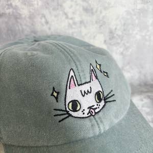 Cat face embroidered washed sage green vintage style baseball cap