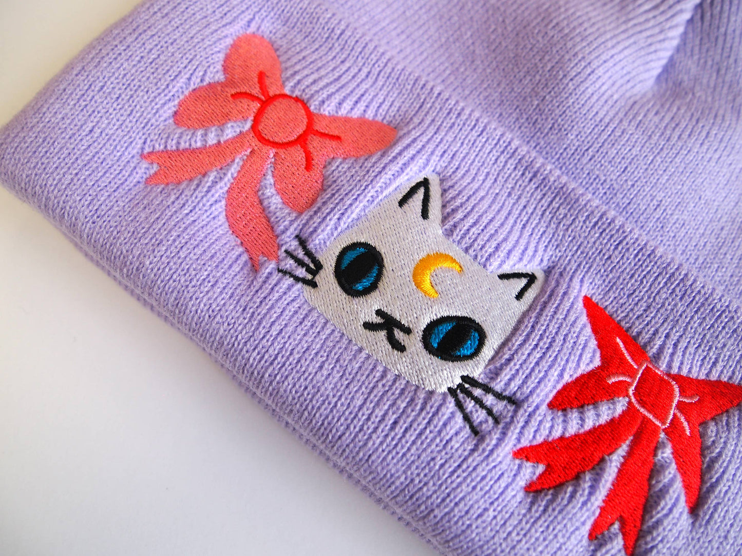 Cat with bows embroidered lavender Knitted Beanie Hat