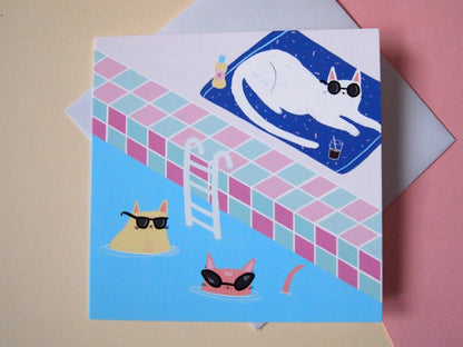 I LIKE CATS - Illustrated card, cats at the swimming pool greetings card