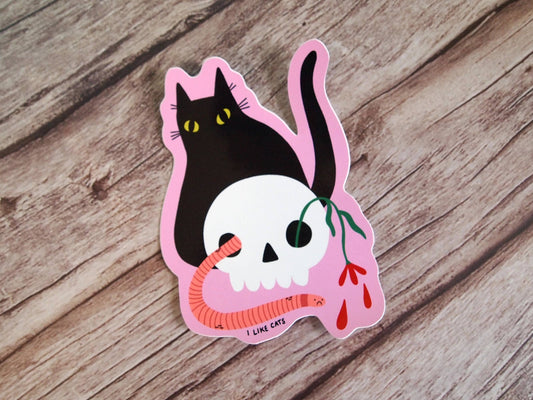 Black cat with skull illustrated vinyl sticker