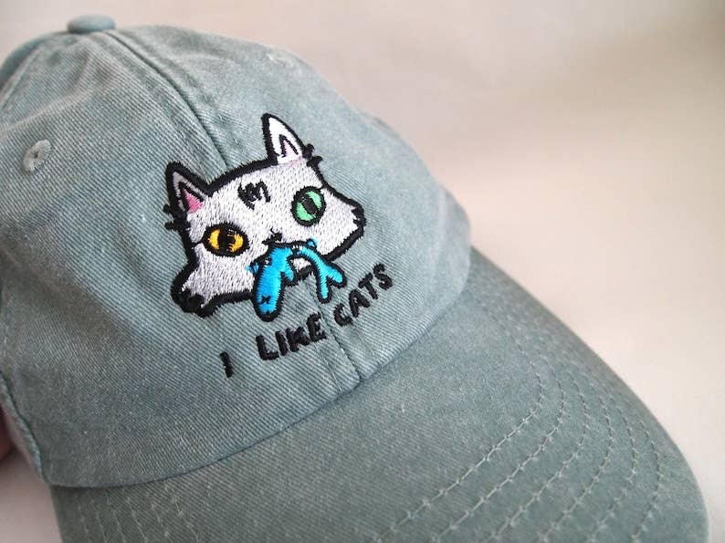 I LIKE CATS embroidered washed sage green vintage style baseball cap