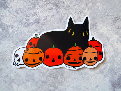 Black cat with pumpkins illustrated vinyl sticker