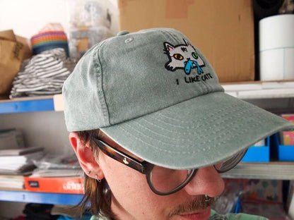 I LIKE CATS embroidered washed sage green vintage style baseball cap