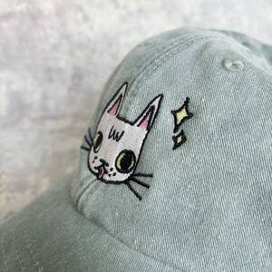 Cat face embroidered washed sage green vintage style baseball cap
