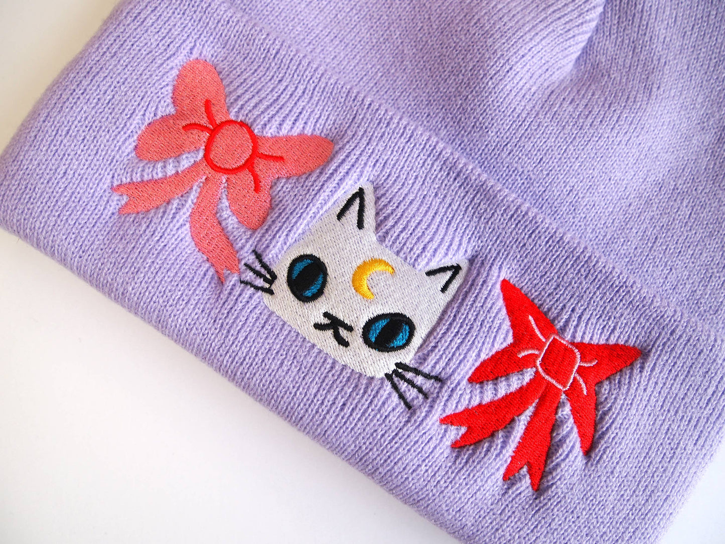 Cat with bows embroidered lavender Knitted Beanie Hat