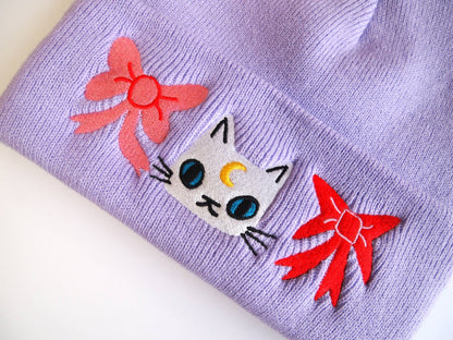 Cat with bows embroidered lavender Knitted Beanie Hat