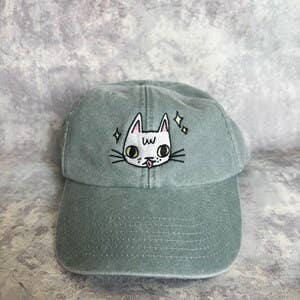 Cat face embroidered washed sage green vintage style baseball cap
